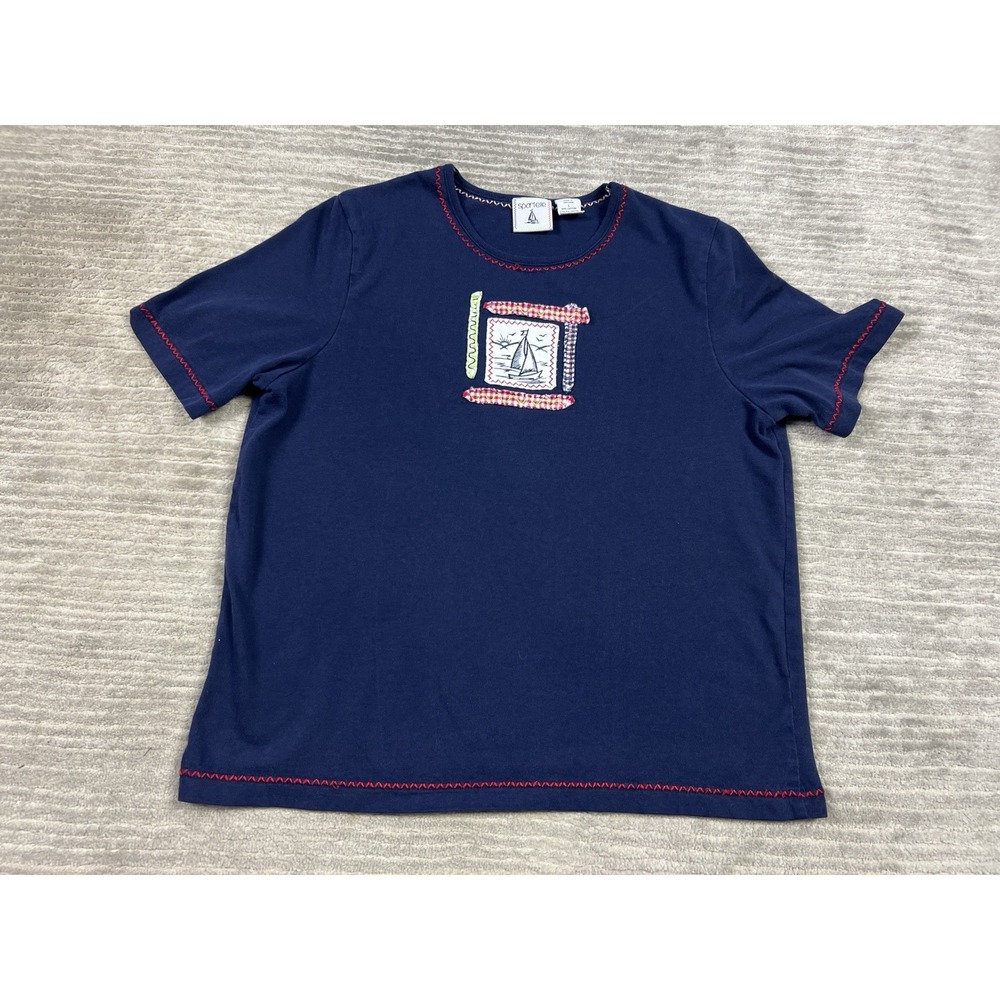 Sportelle Top Womens Large Blue Short‎ Sleeve Embroidered Sailboat Cotton Blend